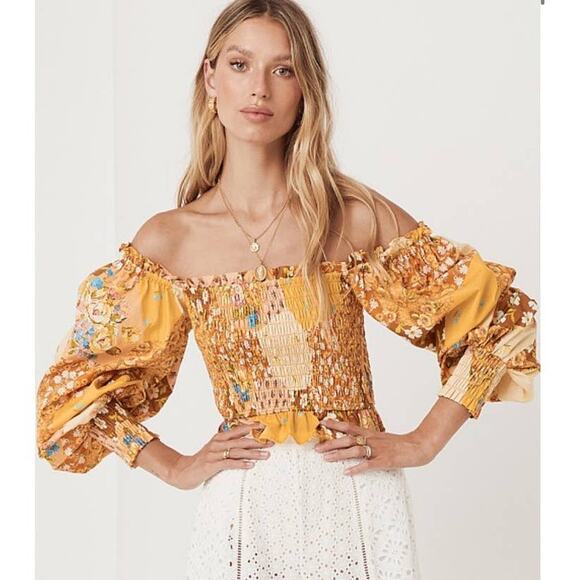 SPELL FREDA SHIRRED BLOUSE Amber 100% Organic Cotton Boho Floral Size Small NWT - Picture 4 of 15